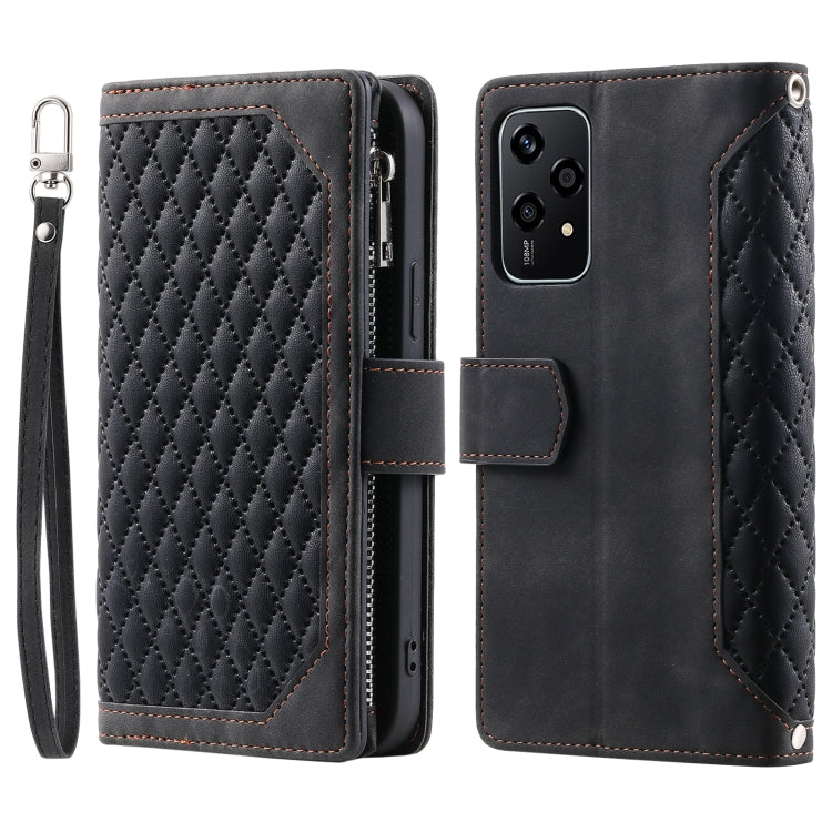 For Honor 200 Lite Grid Texture Zipper Leather Phone Case with Lanyard