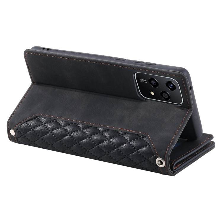 For Honor 200 Lite Grid Texture Zipper Leather Phone Case with Lanyard