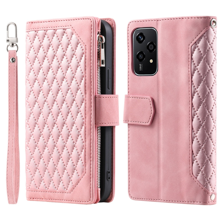 For Honor 200 Lite Grid Texture Zipper Leather Phone Case with Lanyard