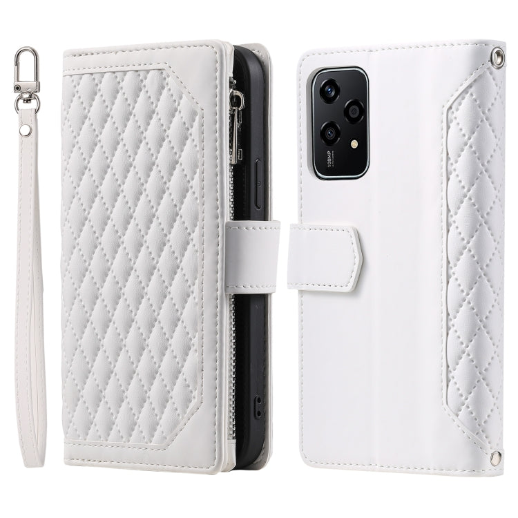For Honor 200 Lite Grid Texture Zipper Leather Phone Case with Lanyard