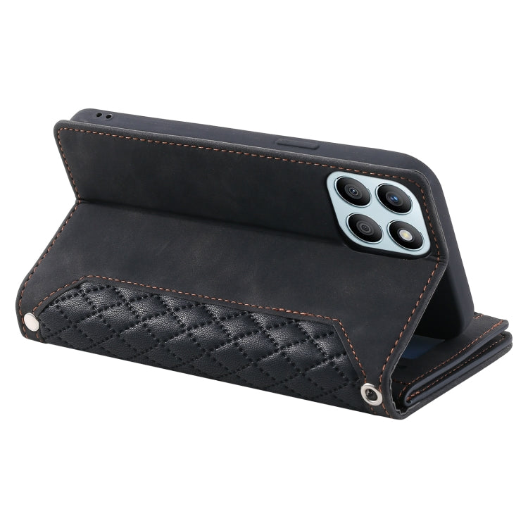 For Honor X6b 4G Global Grid Texture Zipper Leather Phone Case with Lanyard