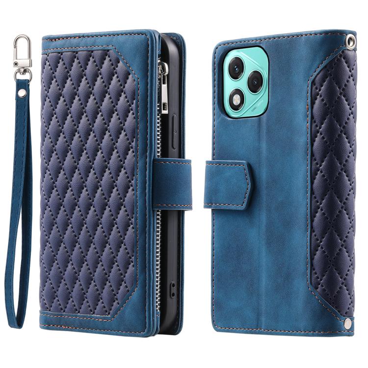 For Honor 400 Lite Global Grid Texture Zipper Leather Phone Case with Lanyard