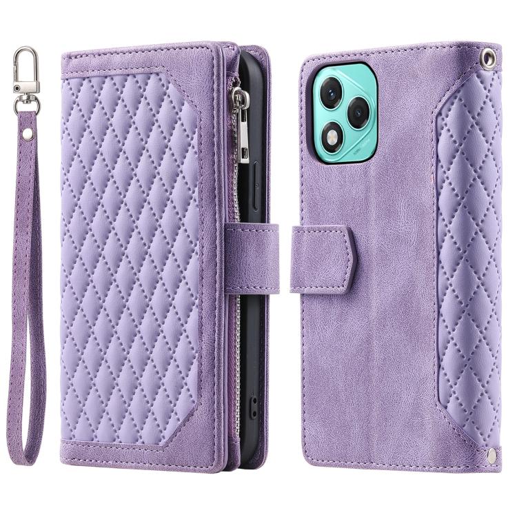 For Honor 400 Lite Global Grid Texture Zipper Leather Phone Case with Lanyard