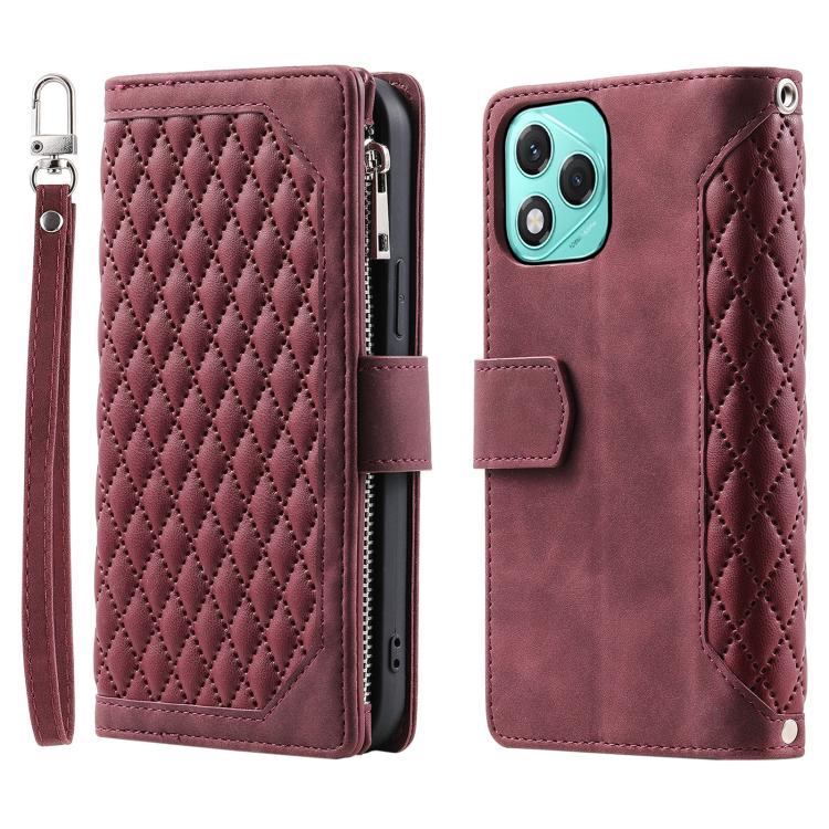 For Honor 400 Lite Global Grid Texture Zipper Leather Phone Case with Lanyard