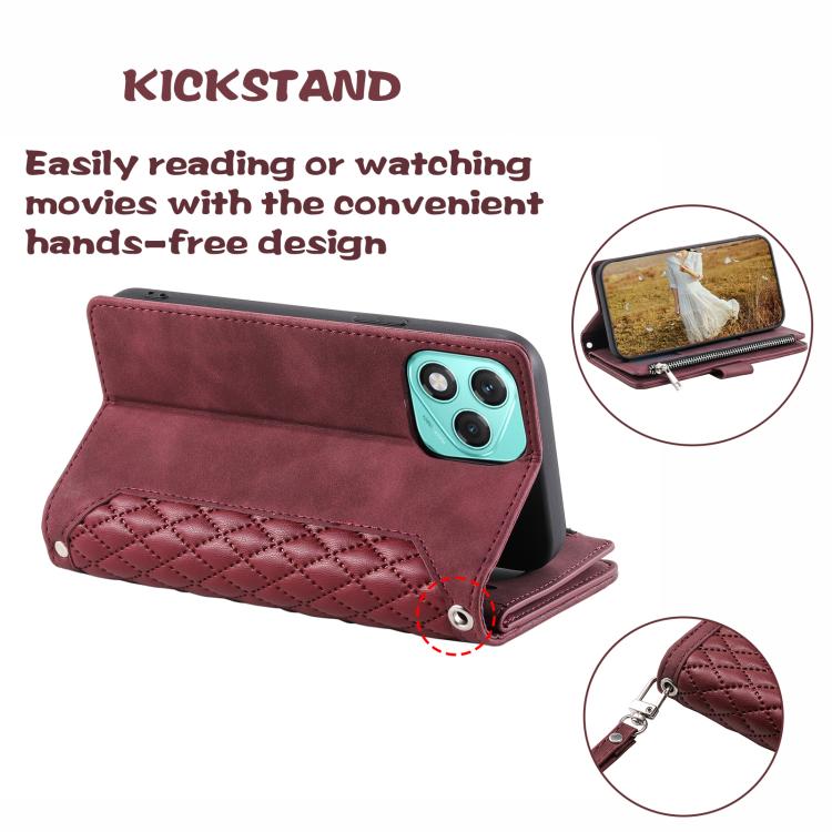 For Honor 400 Lite Global Grid Texture Zipper Leather Phone Case with Lanyard