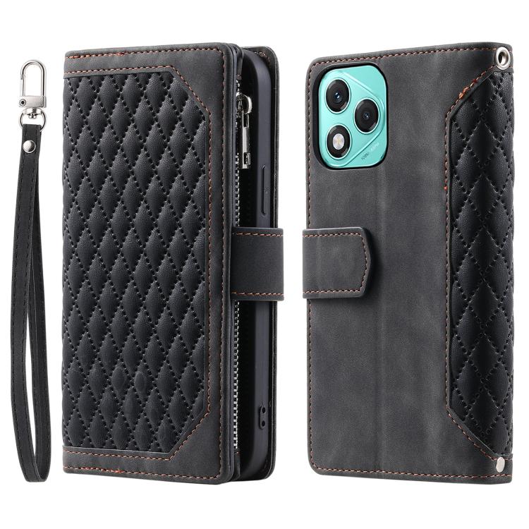 For Honor 400 Lite Global Grid Texture Zipper Leather Phone Case with Lanyard