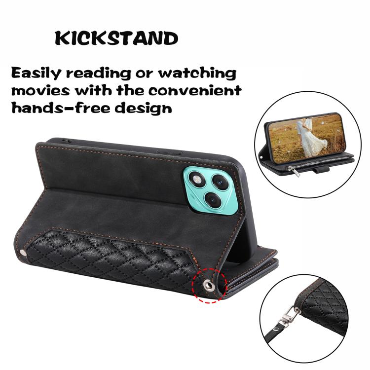 For Honor 400 Lite Global Grid Texture Zipper Leather Phone Case with Lanyard