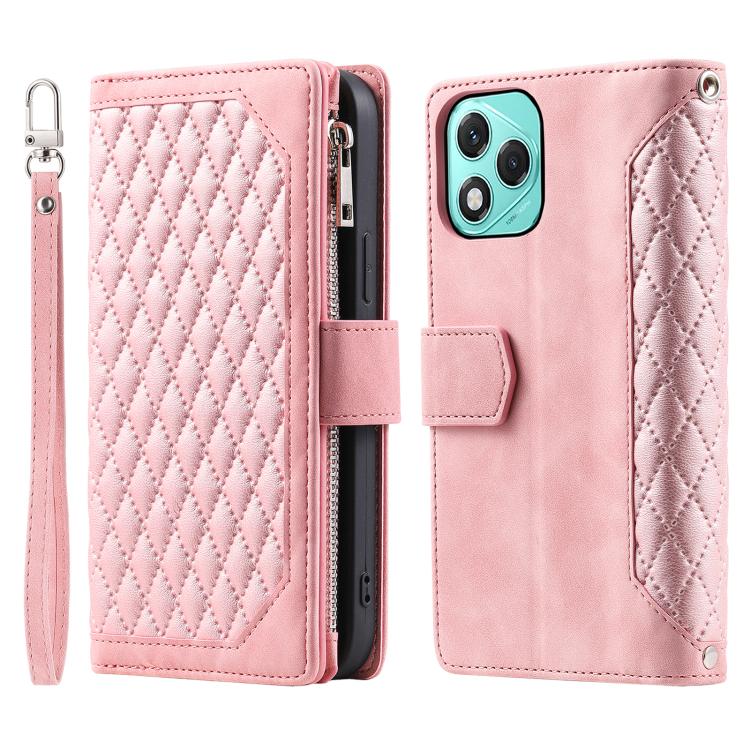 For Honor 400 Lite Global Grid Texture Zipper Leather Phone Case with Lanyard