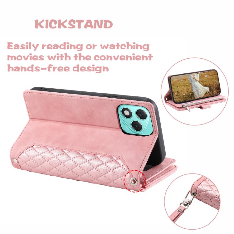 For Honor 400 Lite Global Grid Texture Zipper Leather Phone Case with Lanyard