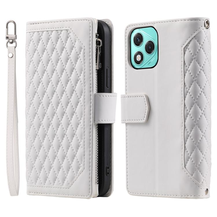 For Honor 400 Lite Global Grid Texture Zipper Leather Phone Case with Lanyard