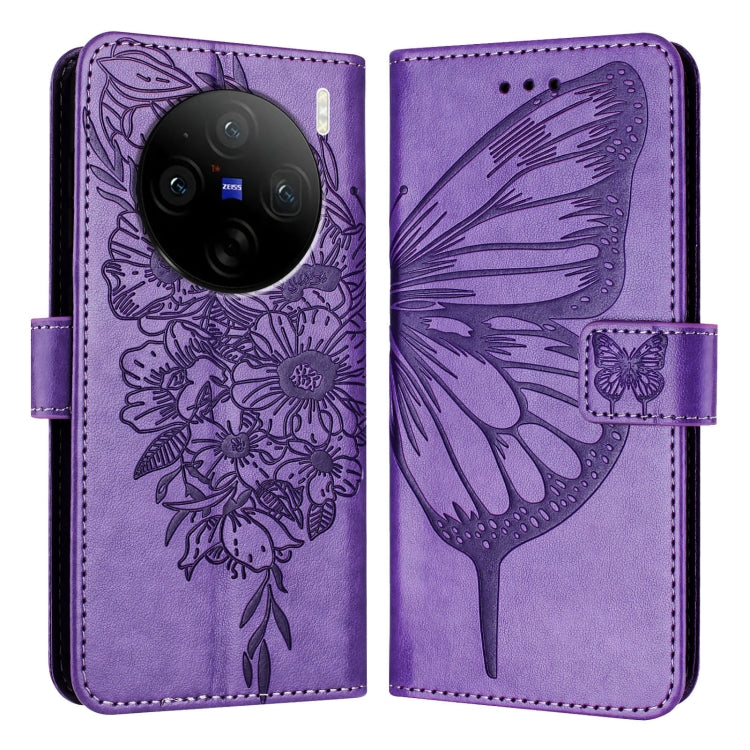 For vivo X100 Pro Embossed Butterfly Leather Phone Case
