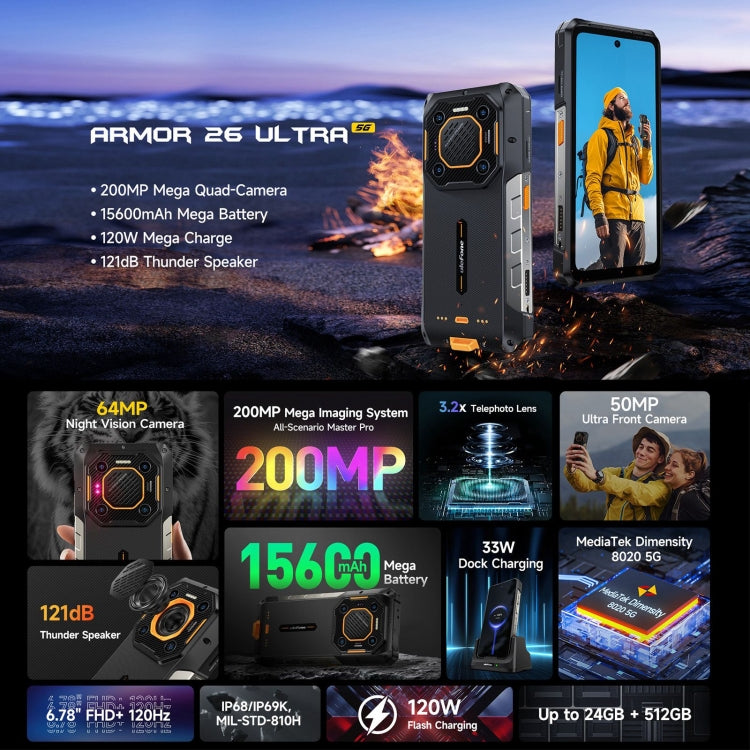 [HK Warehouse] Ulefone Armor 26 Ultra Rugged Phone, 12GB+512GB, 6.78 inch Android 13 MediaTek Dimensity 8020 Octa Core, Network: 5G, NFC - Black