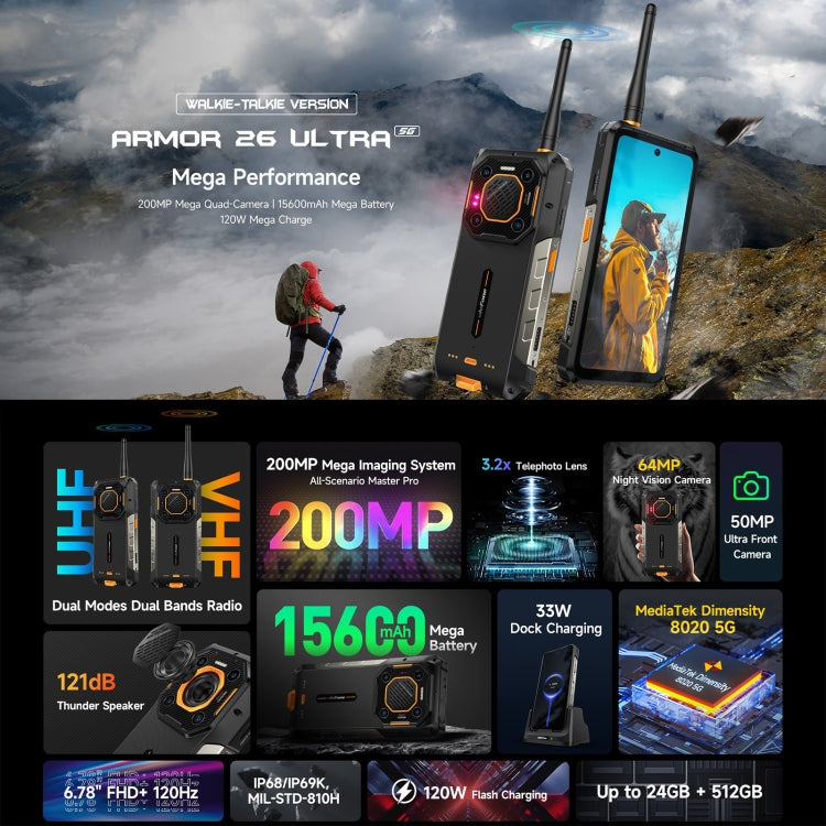 [HK Warehouse] Ulefone Armor 26 Ultra Walkie-Talkie Version Rugged Phone, 12GB+512GB, 6.78 inch Android 13 MediaTek Dimensity 8020 Octa Core, Network: 5G, NFC - Black
