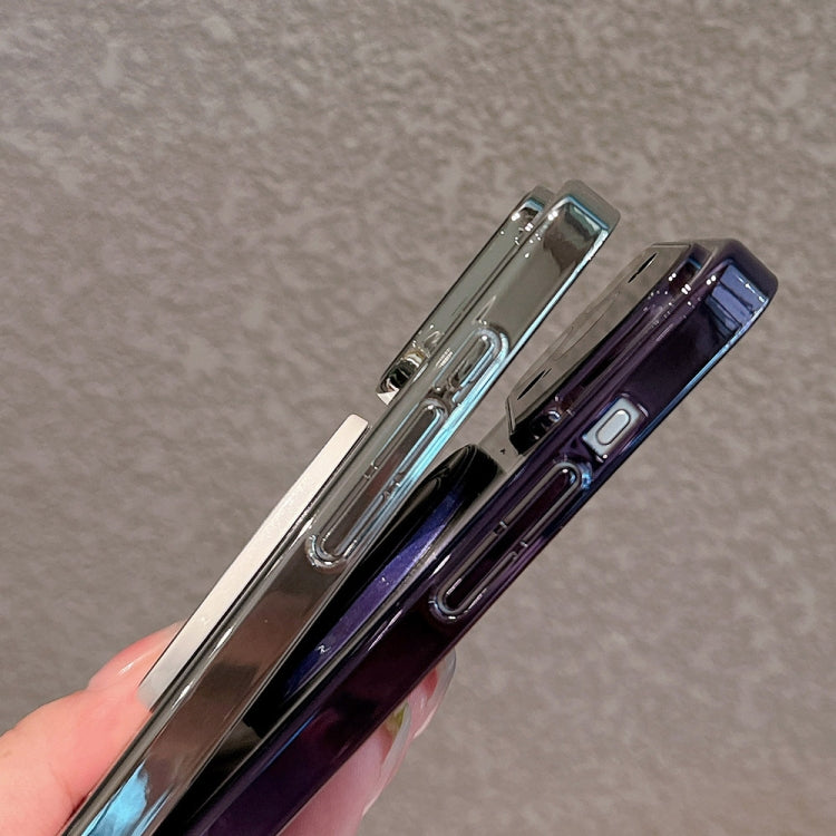 For iPhone 15 Plus Electroplated Large Window Bracket PC Phone Case