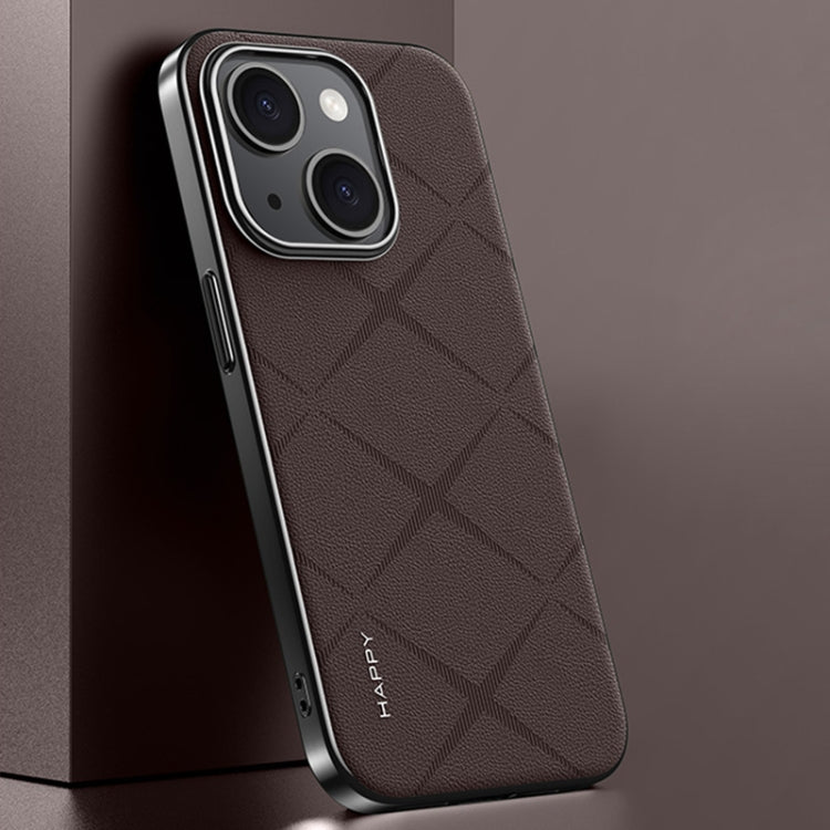 For iPhone 15 Plain Leather PC Phone Case