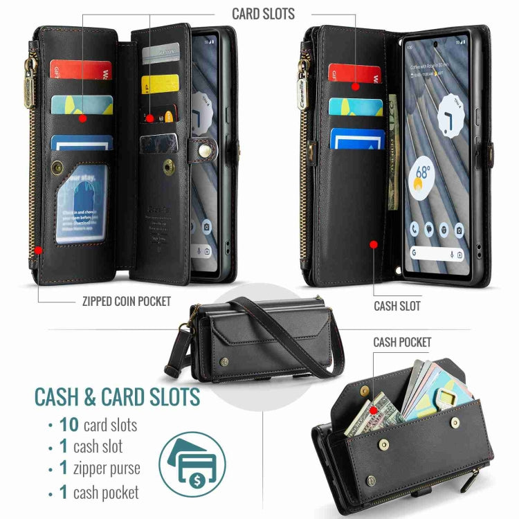 For Google Pixel 7a CaseMe C36 Card Slots Zipper Wallet RFID Anti-theft Leather Phone Case