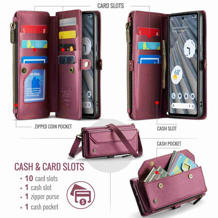 For Google Pixel 7a CaseMe C36 Card Slots Zipper Wallet RFID Anti-theft Leather Phone Case