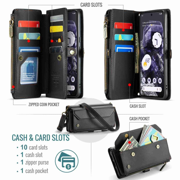 For Google Pixel 8 CaseMe C36 Card Slots Zipper Wallet RFID Anti-theft Leather Phone Case