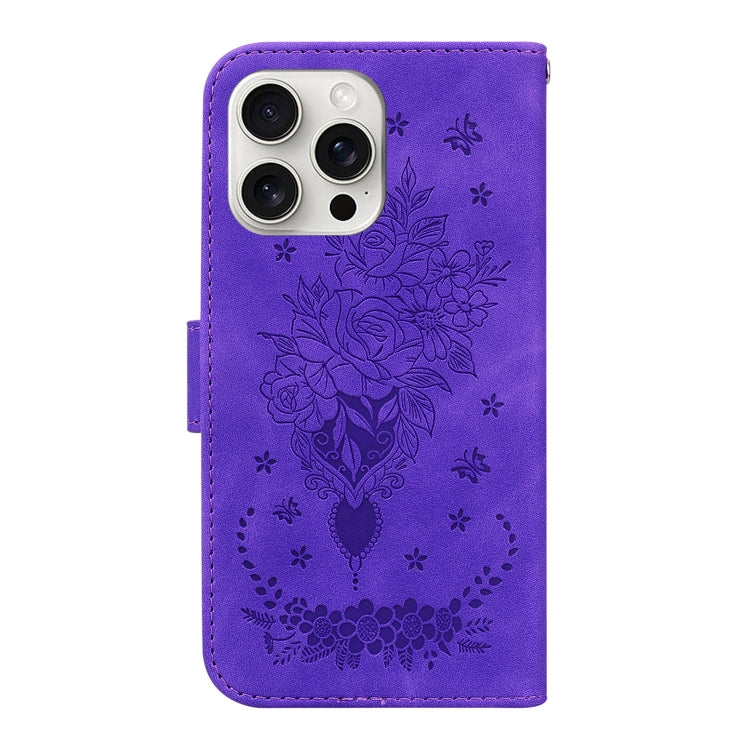 For iPhone 16 Pro Butterfly Rose Embossed Leather Phone Case