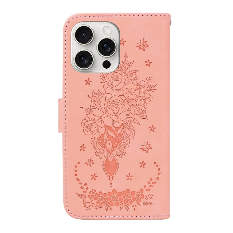 For iPhone 16 Pro Butterfly Rose Embossed Leather Phone Case