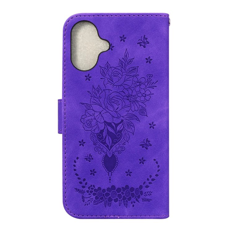 For iPhone 16 Plus Butterfly Rose Embossed Leather Phone Case