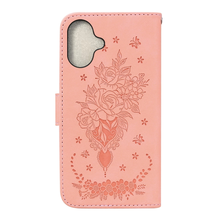 For iPhone 16 Plus Butterfly Rose Embossed Leather Phone Case