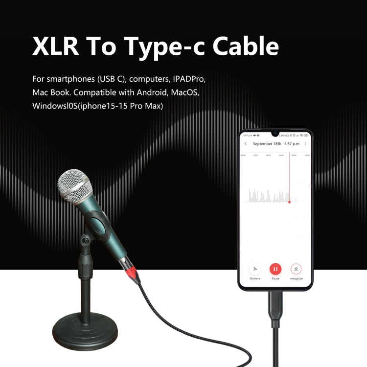 TY03RE Type-C Male to XLR Female Audio Cable for Dynamic Microphone, Length:3m - Black