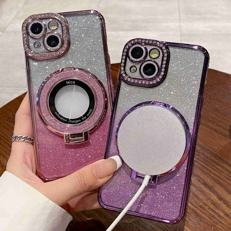 For iPhone 15 Gradient Glitter Diamond Plated Holder Magsafe Phone Case