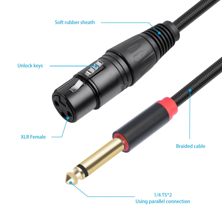 2020Y63 XLR Female to Dual 6.35mm 1/4 TRS Male Y-type Audio Cable, Length:2m - Black