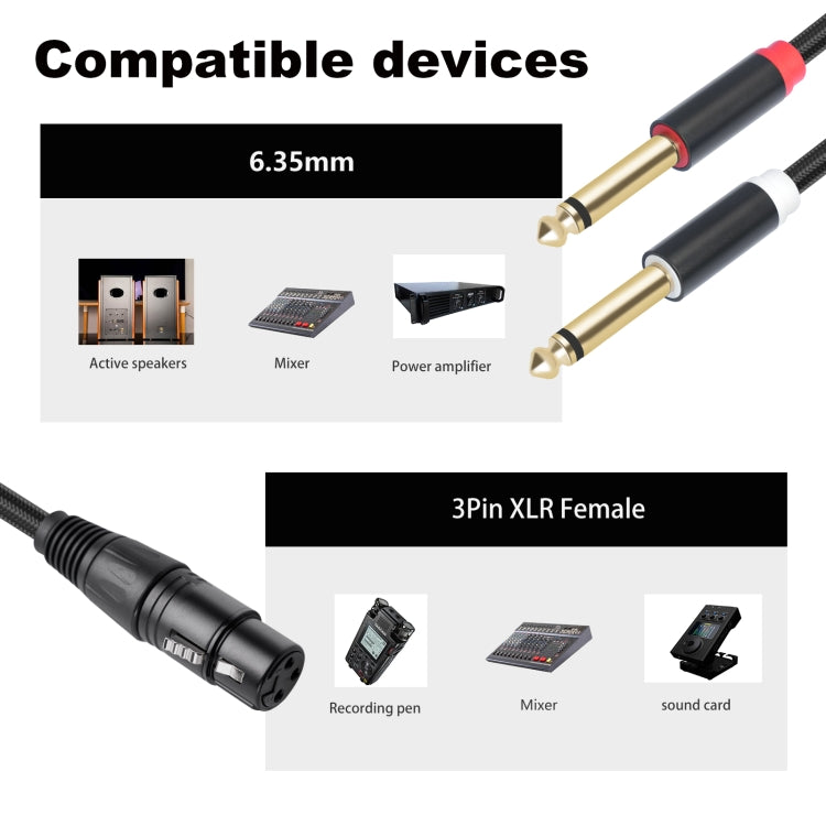2020Y63 XLR Female to Dual 6.35mm 1/4 TRS Male Y-type Audio Cable, Length:2m - Black