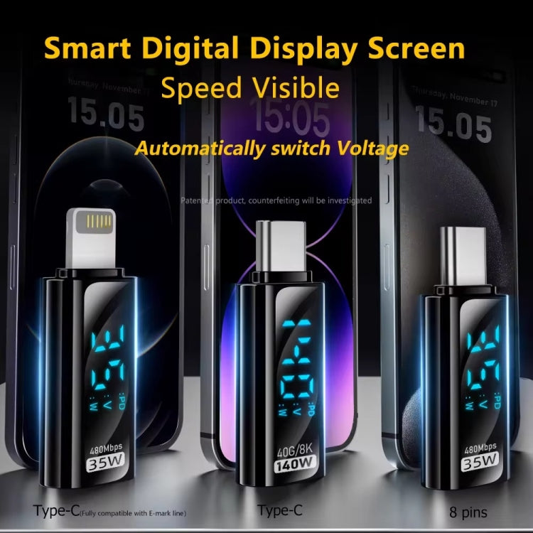 Type-C Male to 8 Pin Female 35W Charging Adapter with Digital Display - Black