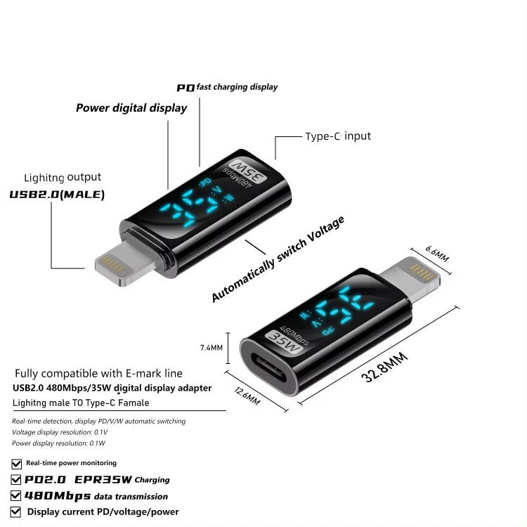 8 Pin Male to Type-C Female 35W Charging Adapter with Digital Display - Black