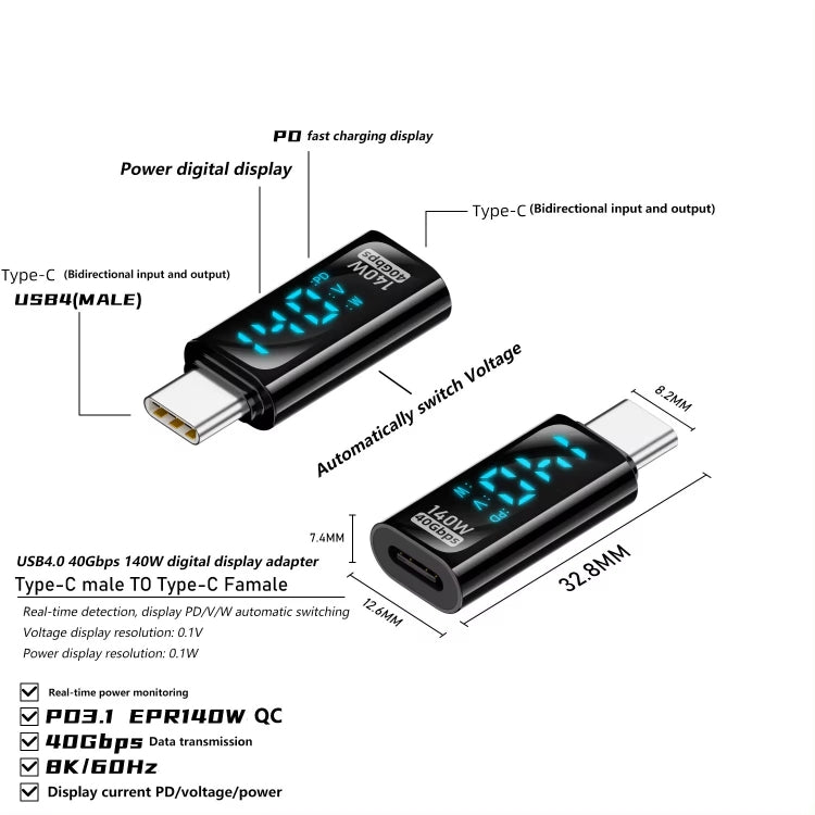 Type-C Male to Type-C Female 140W Charging Adapter with Digital Display - Black