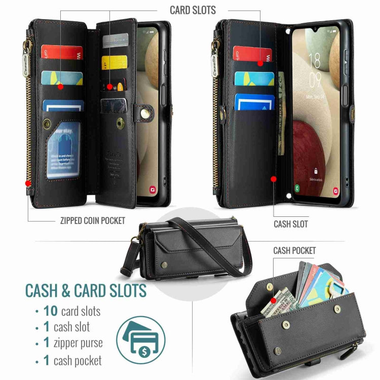 For Samsung Galaxy A12 5G CaseMe C36 Card Slots Zipper Wallet RFID Anti-theft Leather Phone Case
