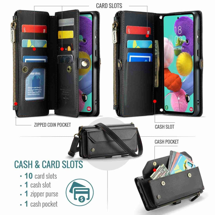 For Samsung Galaxy A51 4G CaseMe C36 Card Slots Zipper Wallet RFID Anti-theft Leather Phone Case