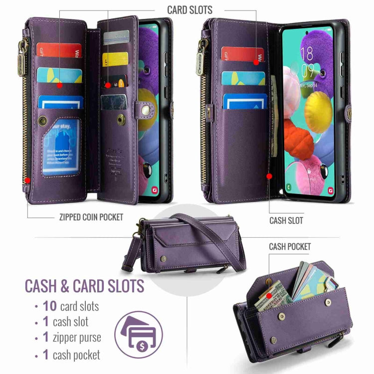 For Samsung Galaxy A51 4G CaseMe C36 Card Slots Zipper Wallet RFID Anti-theft Leather Phone Case