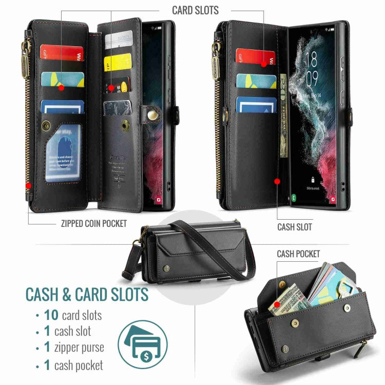 For Samsung Galaxy S22 Ultra 5G CaseMe C36 Card Slots Zipper Wallet RFID Anti-theft Leather Phone Case