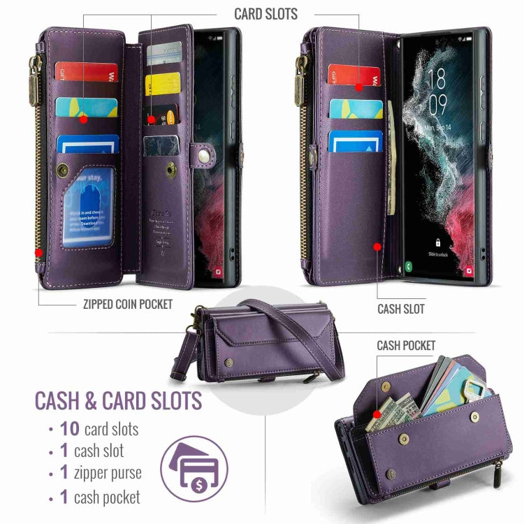 For Samsung Galaxy S22 Ultra 5G CaseMe C36 Card Slots Zipper Wallet RFID Anti-theft Leather Phone Case