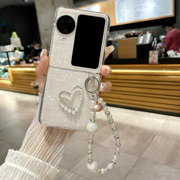 For OPPO Find N3 Flip Pearlescent Shell Texture Heart Pattern Phone Case with Bracelet