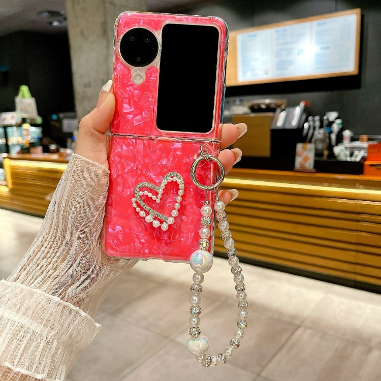 For OPPO Find N3 Flip Pearlescent Shell Texture Heart Pattern Phone Case with Bracelet