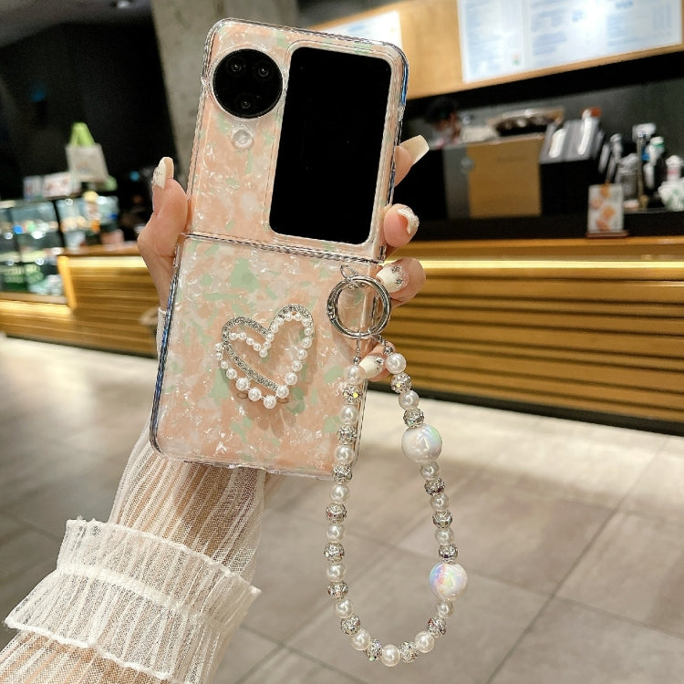 For OPPO Find N3 Flip Pearlescent Shell Texture Heart Pattern Phone Case with Bracelet