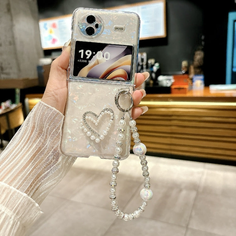 For vivo X Flip Pearlescent Shell Texture Heart Pattern Phone Case with Bracelet