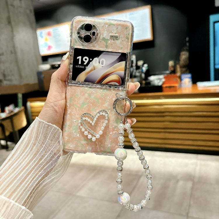 For vivo X Flip Pearlescent Shell Texture Heart Pattern Phone Case with Bracelet