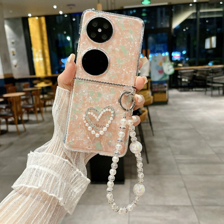 For Huawei Pocket 2 Pearlescent Shell Texture Heart Pattern Phone Case with Bracelet