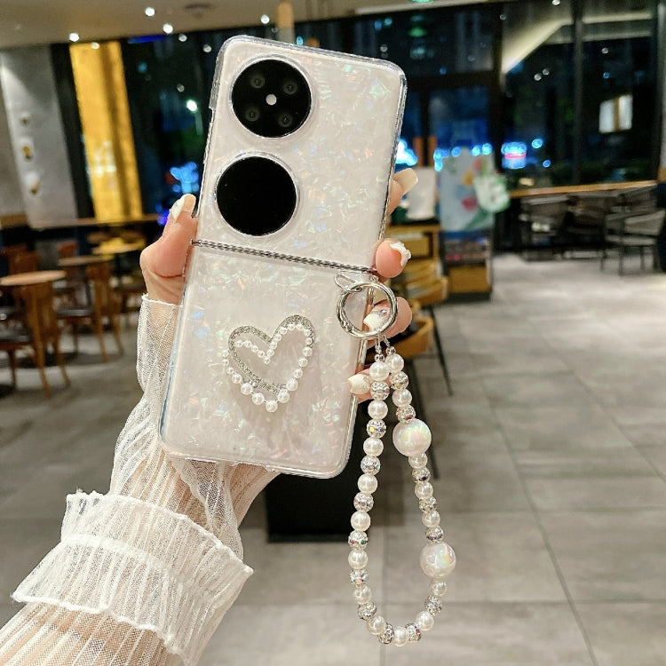 For Huawei P50 Pocket Pearlescent Shell Texture Heart Pattern Phone Case with Bracelet