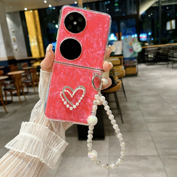 For Huawei P50 Pocket Pearlescent Shell Texture Heart Pattern Phone Case with Bracelet