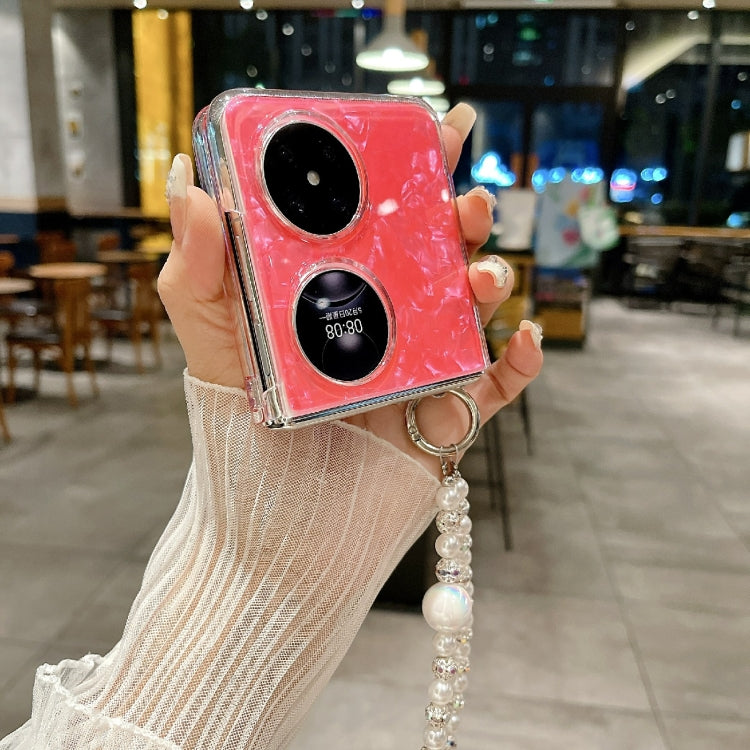For Huawei P50 Pocket Pearlescent Shell Texture Heart Pattern Phone Case with Bracelet