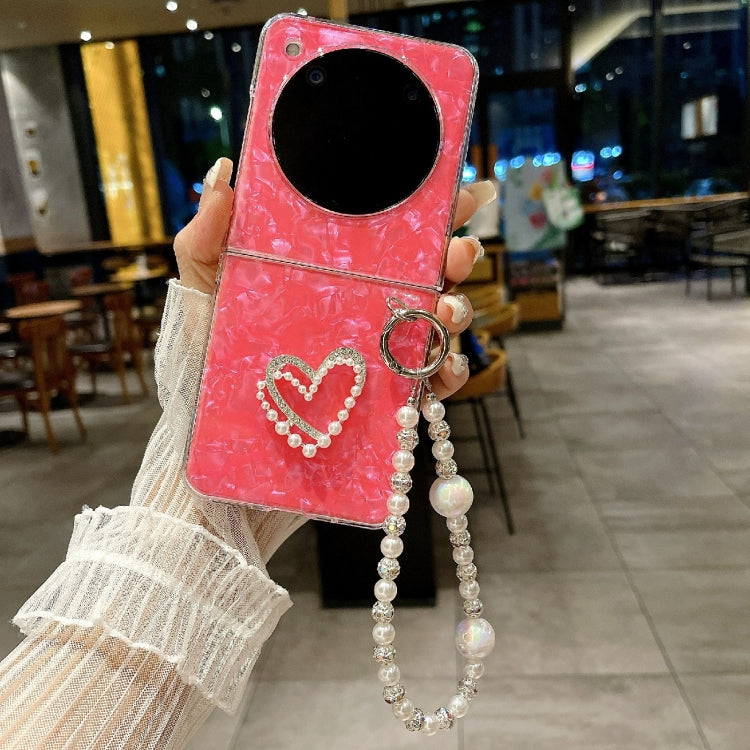 For ZTE nubia Flip Pearlescent Shell Texture Heart Pattern Phone Case with Bracelet