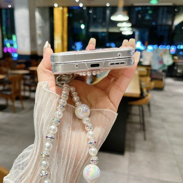For ZTE nubia Flip Pearlescent Shell Texture Heart Pattern Phone Case with Bracelet