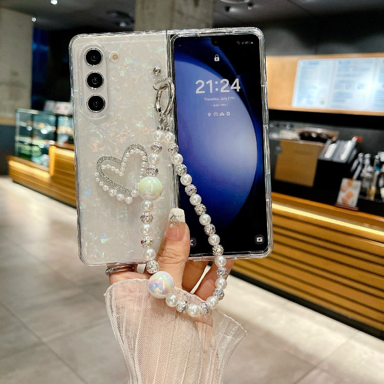 For Samsung Galaxy Z Fold4 Pearlescent Shell Texture Heart Pattern Phone Case with Bracelet